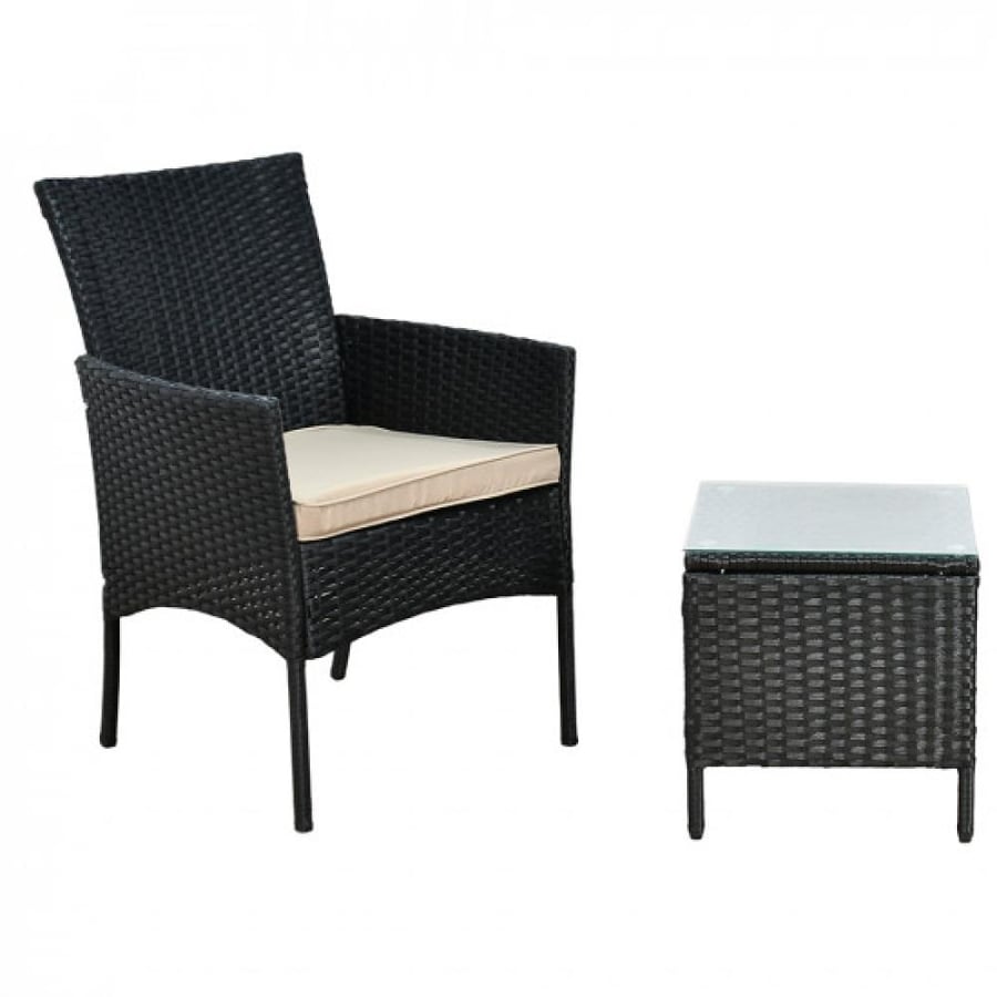 Outdoor seating, 2 seats and a table with glass surface