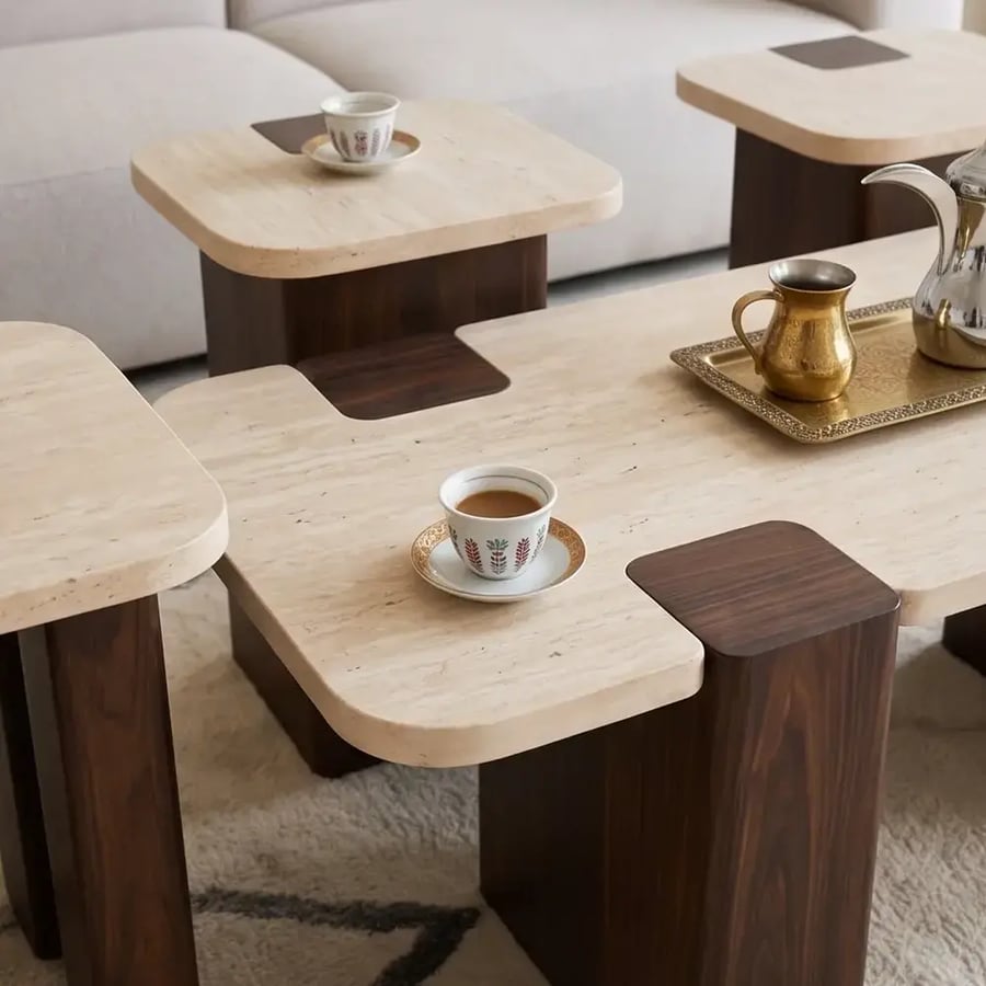 طقم طاولات خدمة وضيافة 5 قطع بتصميم مودرن خشبي بيج