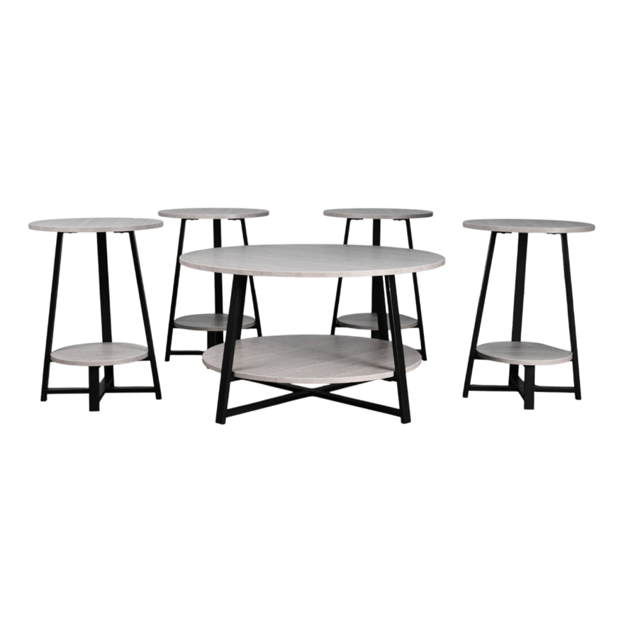 Set of 5 wooden serving tables with metal base, 2 tiers, beige