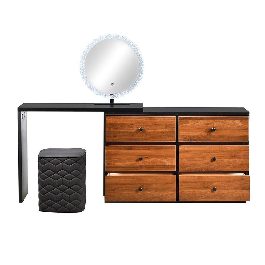 Modern wooden dressing table with 6 drawers, illuminated mirror, and stool