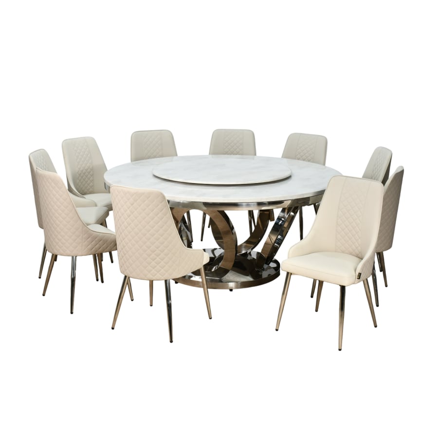 Luxury dining table with marble surface, rotating, 10 gray chairs