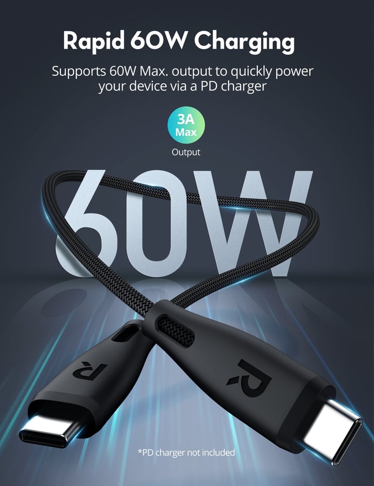 كابل RAVPower Type-C إلى Type-C شحن سريع 60W - 1 متر