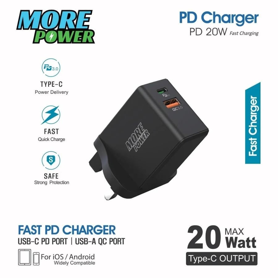 شاحن بيت مور باور More Power PD Charger السريع 20 واط بمنفذين PD و USB