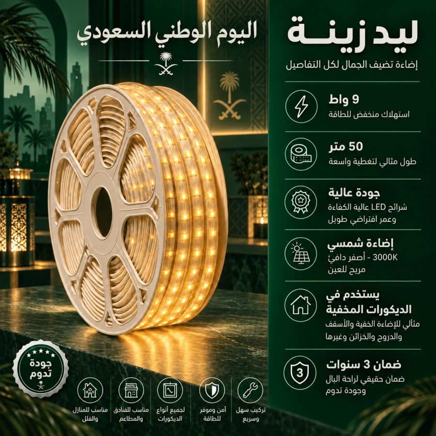 ليد زينه 50 متر جودة عالية اصفر ضمان 3 سنوات