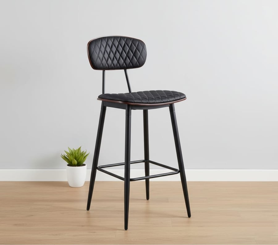 Bar chair leather with modern design with padded luxurious seat and metal frame and wooden backrest