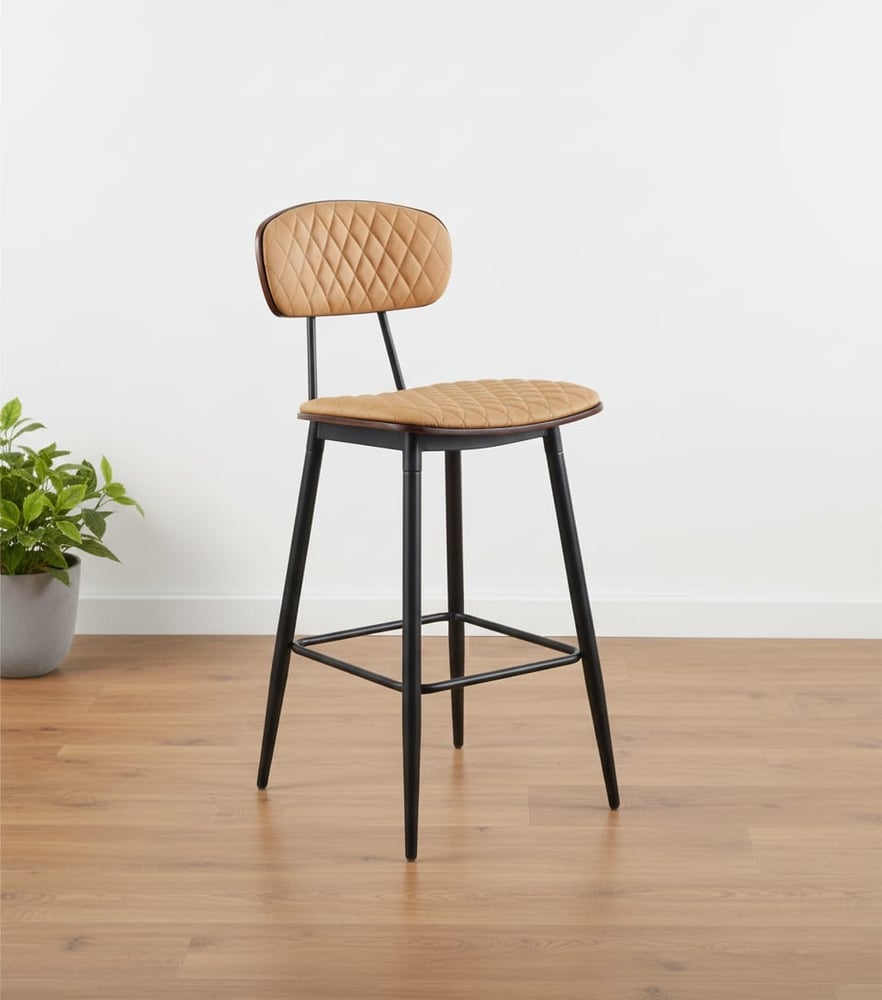 Bar chair leather with modern design with padded luxurious seat and metal frame and wooden backrest
