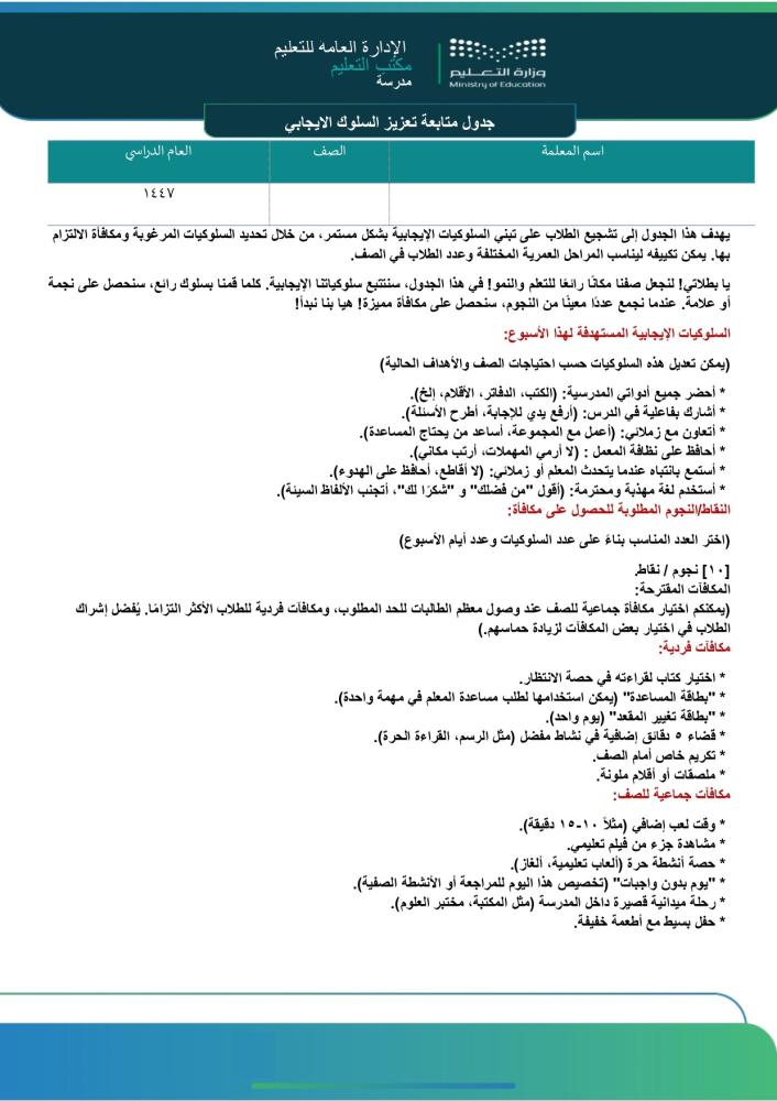 استمارة تعزيز السلوك الايجابي  وطريقة تنفيذها مع لوحة واستيكرات التعزيز