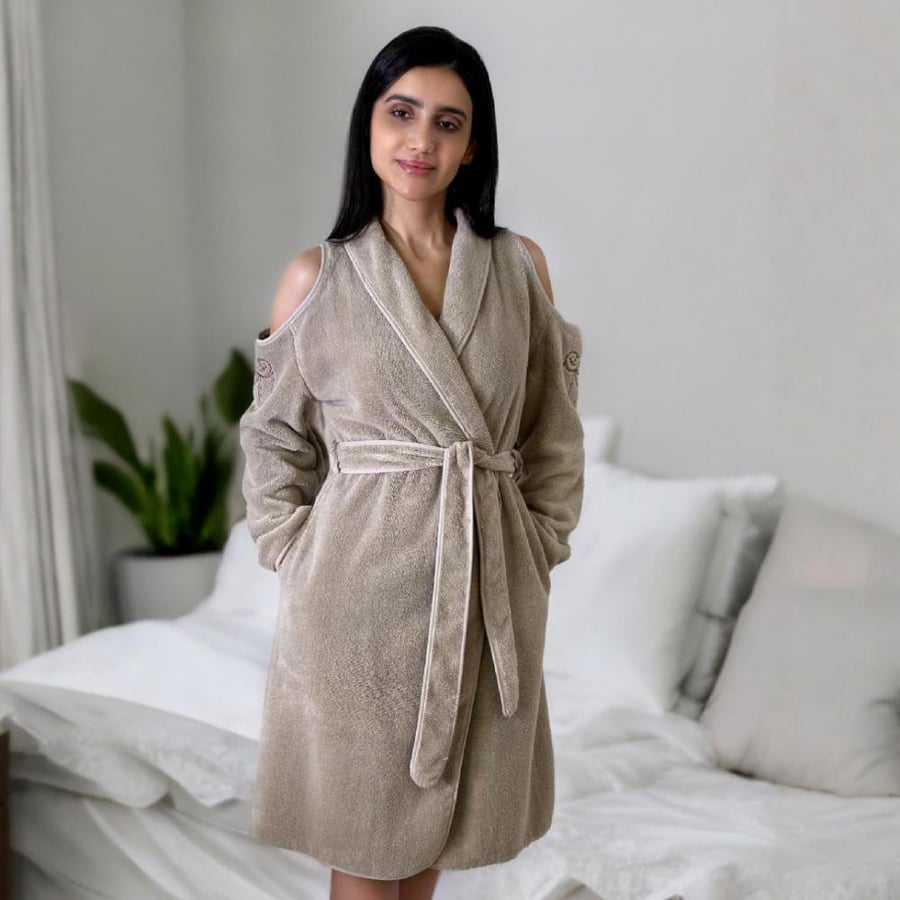 Nora Loom Shawl Style Bathrobe For Women With Embroidery, Beige