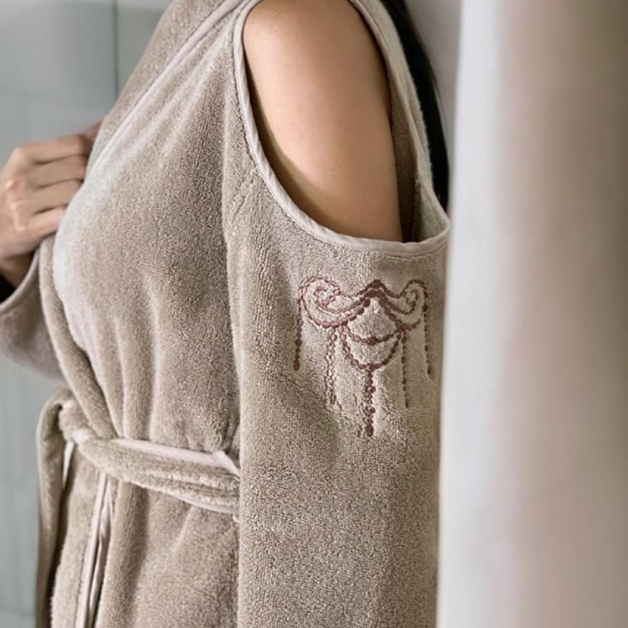 Nora Loom Shawl Style Bathrobe For Women With Embroidery, Beige
