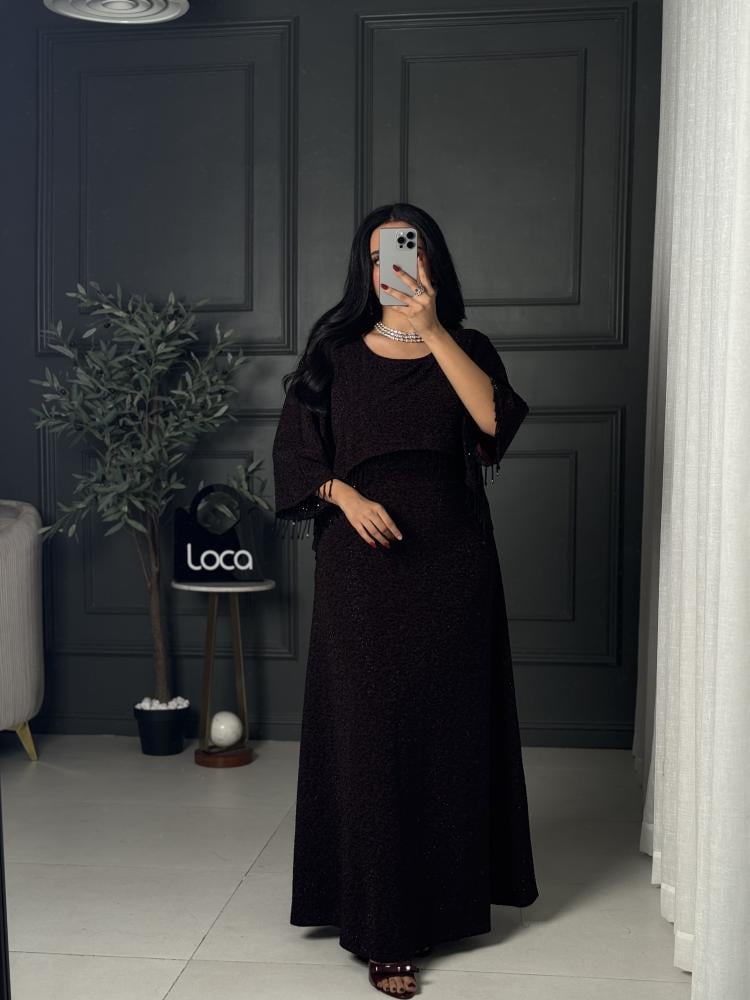 فستان سهرة عنابي لامع بكاب أكتاف