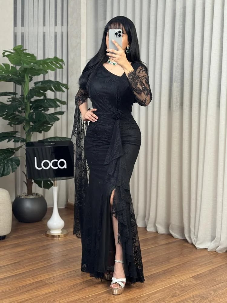Black lace evening dress