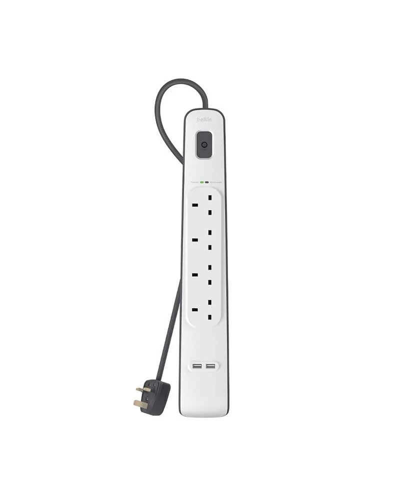 توصيلة كهرباء 4 منافذ مع USB بسلك 2 متر أبيض - BELKIN