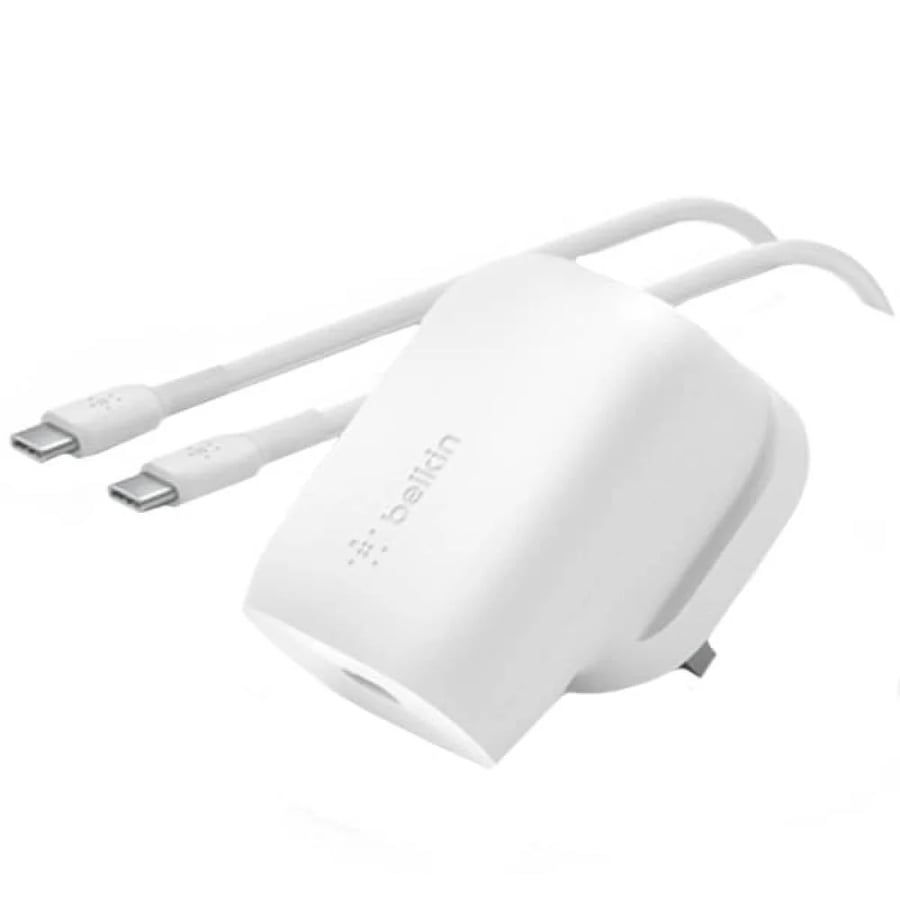 شاحن جداري بقوة 20 واط مع سلك شحن تايب سي تايب سي أبيض - BELKIN
