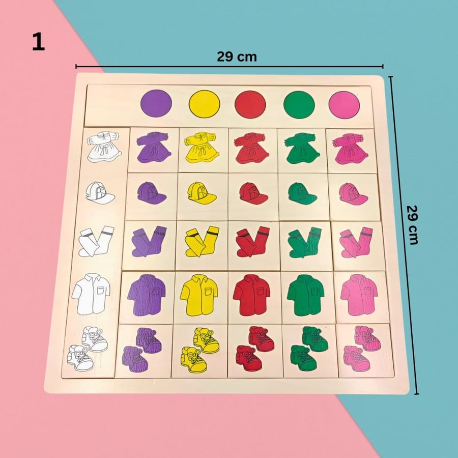 Wooden game for assembling and matching colors and shapes