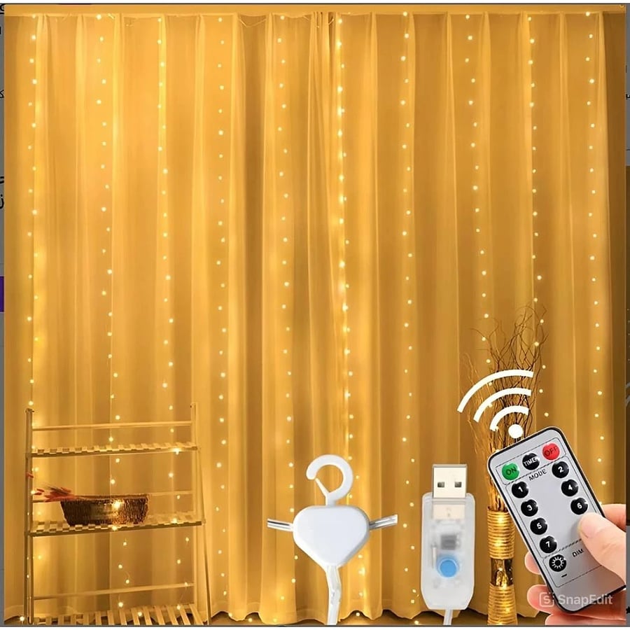 سلسلة مصابيح ستارة عقود 8 اوضاع اضاءة وغرف النوم و الاماكن الخارجية لون الاضاءة اصفر 2 × 3 متر مع ريموت تحكم تعمل عبر مدخل USB