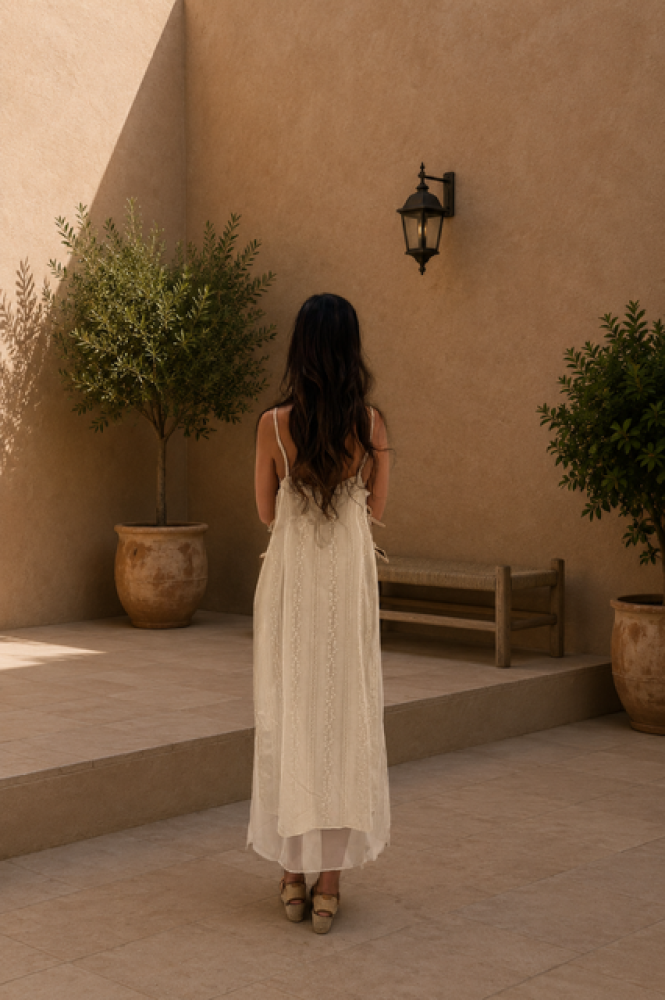 Ivory Embroidered Dress & Crochet Cardigan Set