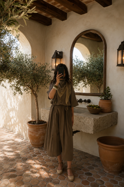 Mocha Top, Matching Scarf & Wide-Leg Pants Set
