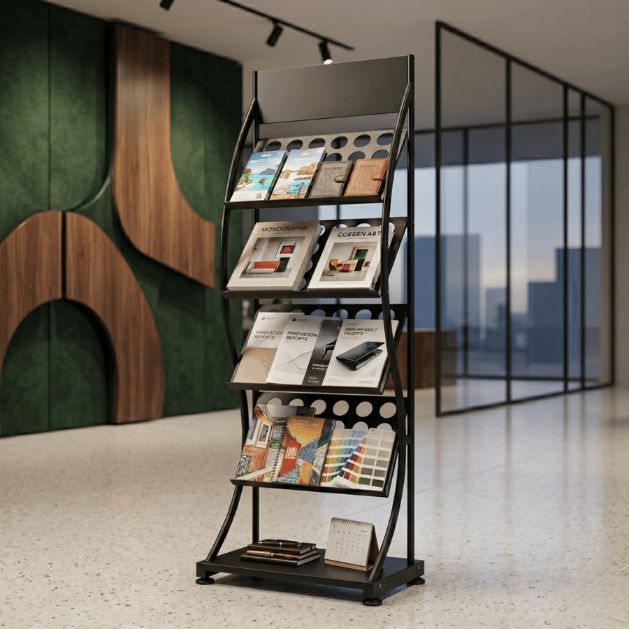 Wide perforated metal poster stand - black