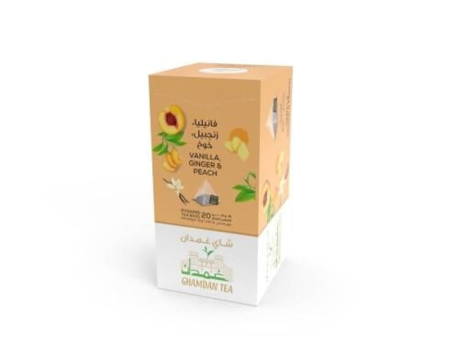 شاي غمدان - شاي فانيليا وزنجبيل وخوخ 20 كيس مغلف هرمي