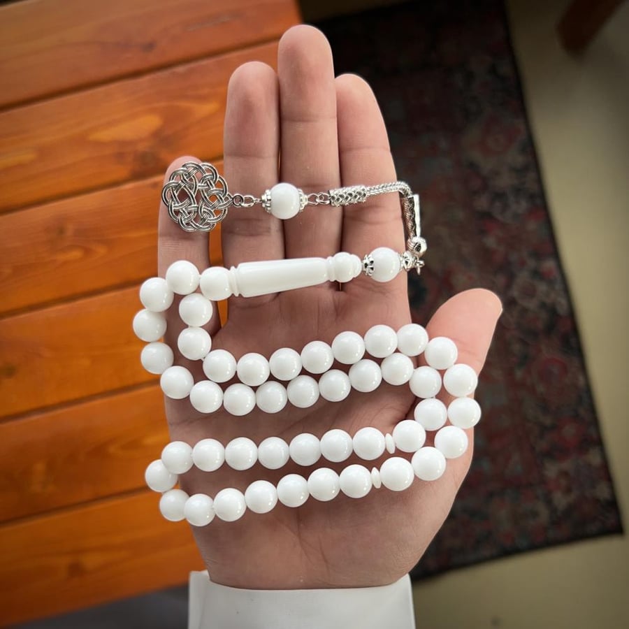 سبحة بكلايت أبيض 45 خرزة - طربزونه معدن