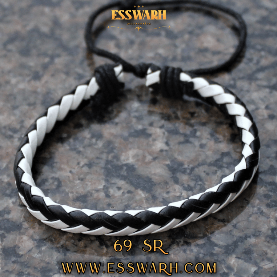 Luxurious bracelet of leather and cord in white and black colors intertwined in a unique way that can be reduced and expanded - length 19 cm suitable for men