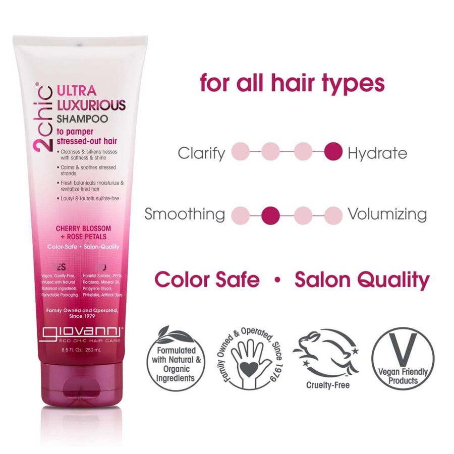 جيوفاني‏ شامبو لتدليل الشعر المجهد بمستخلص زهور الكرز وبتلات الورد 250 مل - Giovanni 2chic Ultra-Luxurious Shampoo