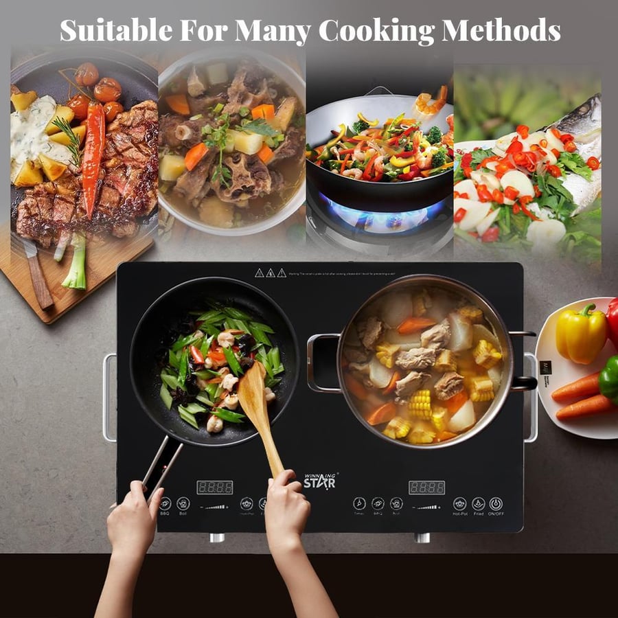 Winningstar electric surface, 2 burners, glass, touch control, timer, overheat protection, 1800 watts, black, ST-9676