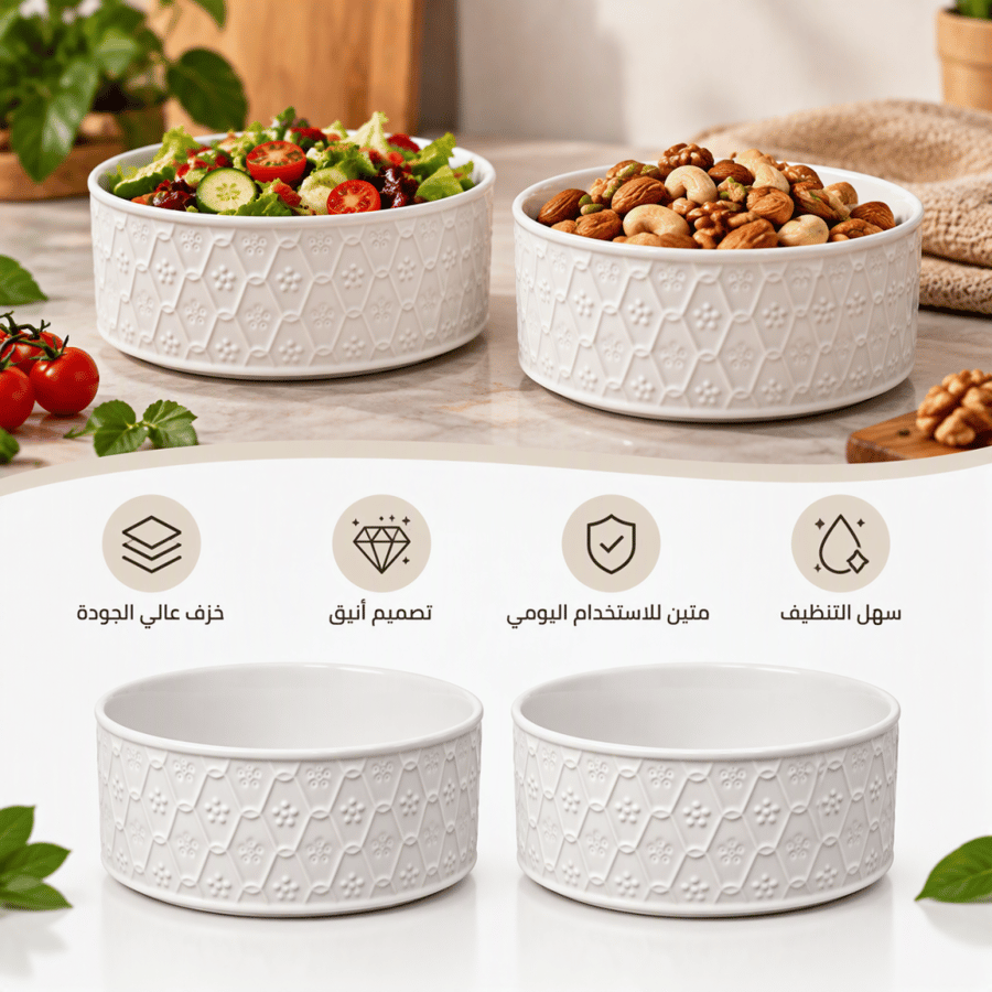 طقم أوعية خزفية بيضاء بنقش سداسي فاخر - قطعتان