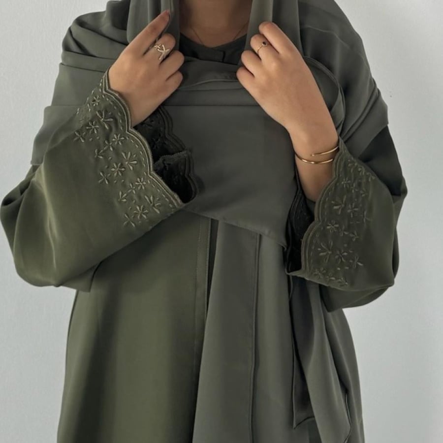VR43 OLIVE EMBROIDERED FLARE ABAYA