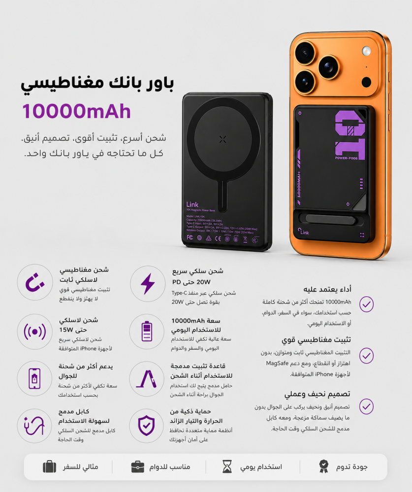 باور بنك Link مغناطيسي 3×1 – سعة 10000mAh