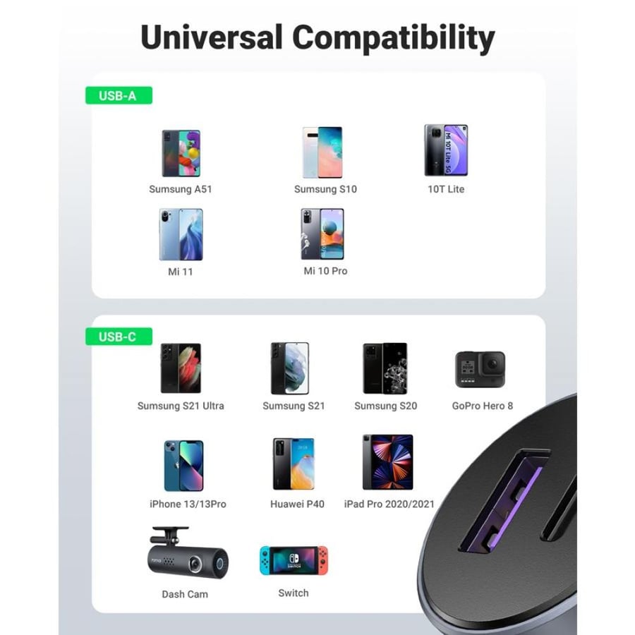 شاحن سيارة يوجرين  مخرج PD ومخرج  USB بقوة 52 واط