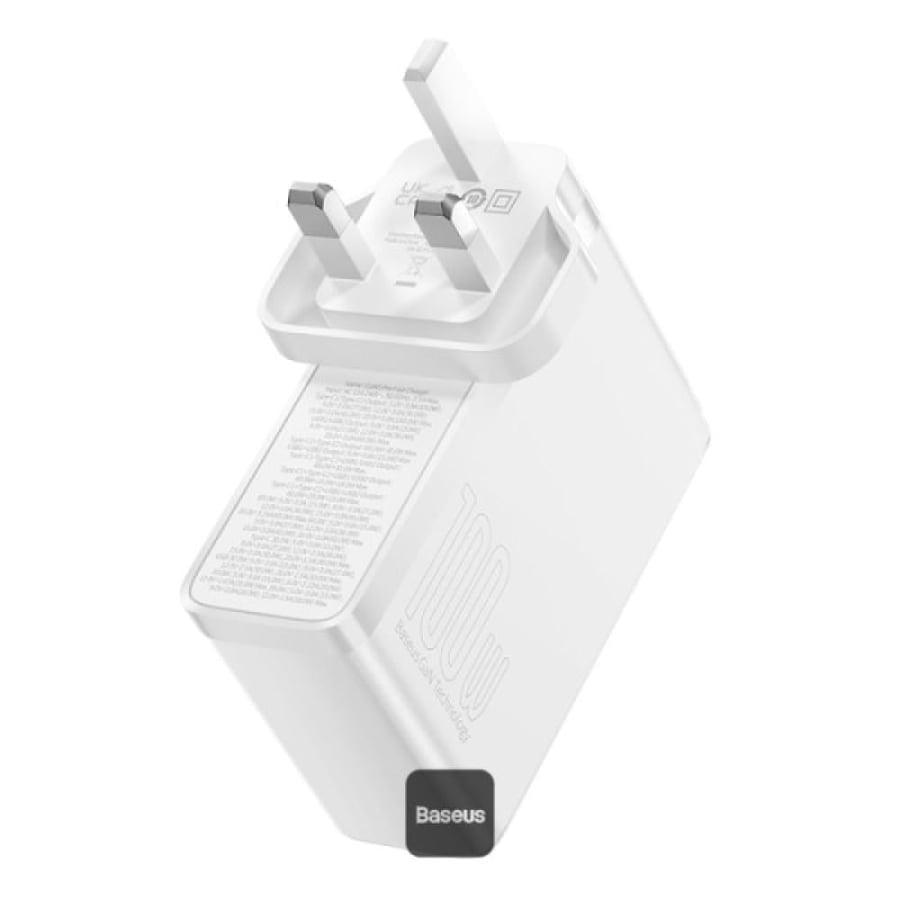 شاحن سريع Baseus GaN5 Pro 100W 4 منافذ | 2 Type-C + 2 USB-A، قابس بريطاني مع كابل بيانات شحن سريع 100 واط من النوع C (20 فولت/5 أمبير) 1 متر - أبيض