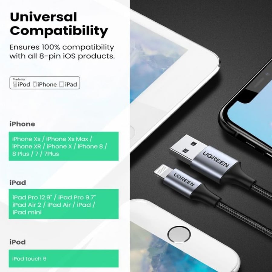 سلك شاحن يوجرين نايلون مظفر USB إلى آيفون بطول 1 م - أسود UGREEN