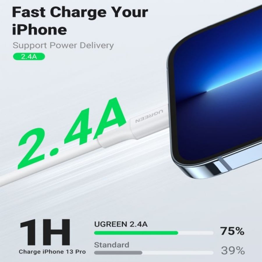 سلك شاحن يوجرين USB إلى آيفون بطول 1 م - أبيض UGREEN