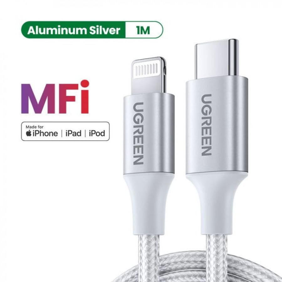سلك شاحن يوجرين نايلون مظفر USB-C إلى آيفون بطول 1 م - فضي UGREEN