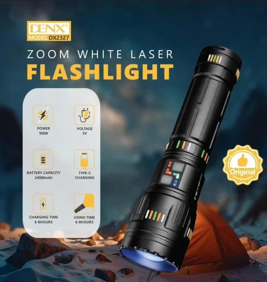مصباح يدوي DENX DX2327 عالي السطوع بتقنية التكبير/التصغير - ضوء ليزر أبيض، للاستخدام الخارجي الشاق
