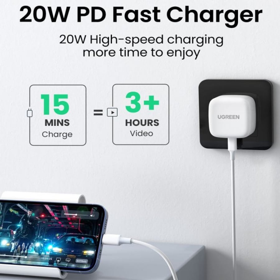 شاحن جداري يوجرين بمنفذ PD شحن سريع بقوة 20 واط - أبيض UGREEN