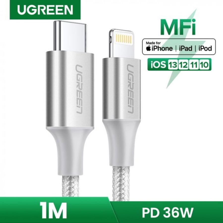 سلك شاحن يوجرين نايلون مظفر USB-C إلى آيفون بطول 1 م - فضي UGREEN