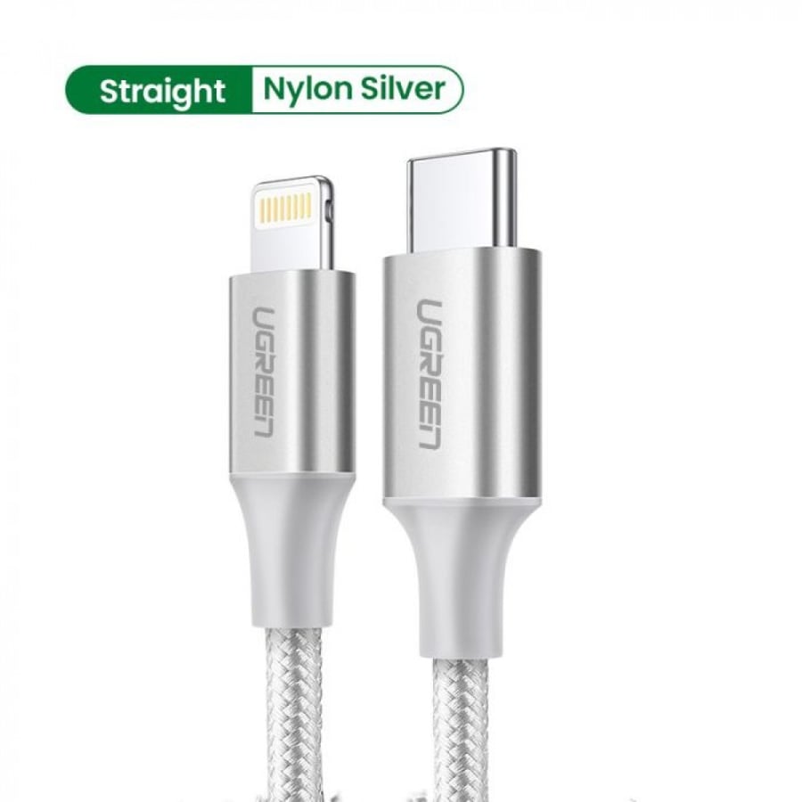 سلك شاحن يوجرين نايلون مظفر USB-C إلى آيفون بطول 1 م - فضي UGREEN