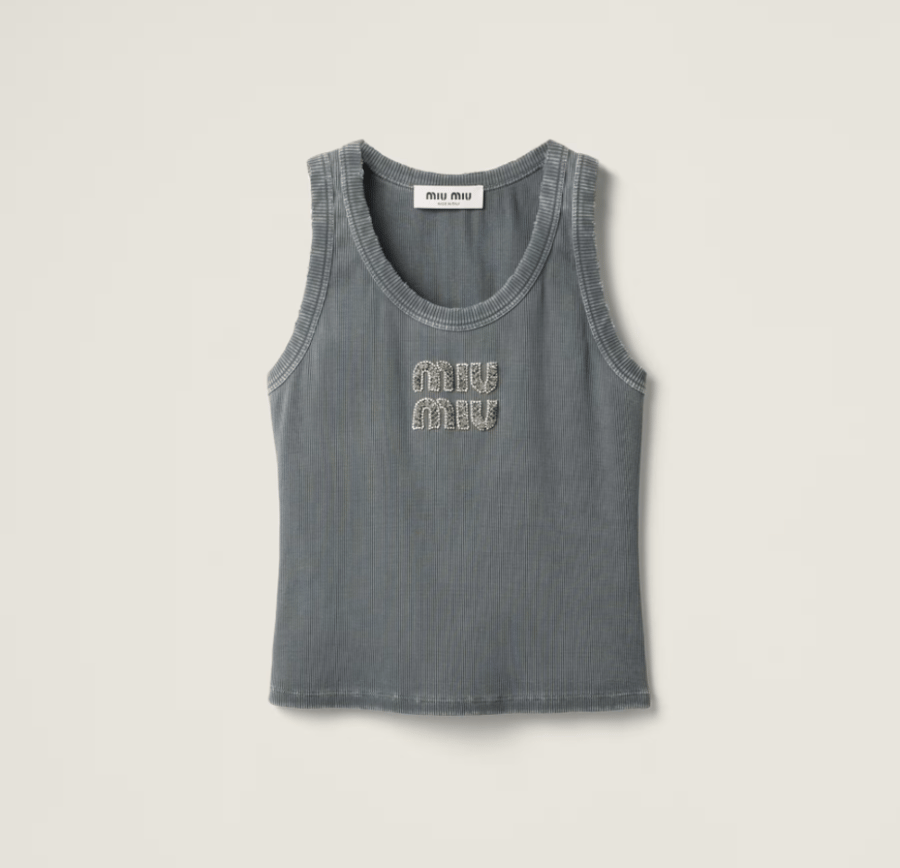 Embroidered ribbed knit jersey top | MIU