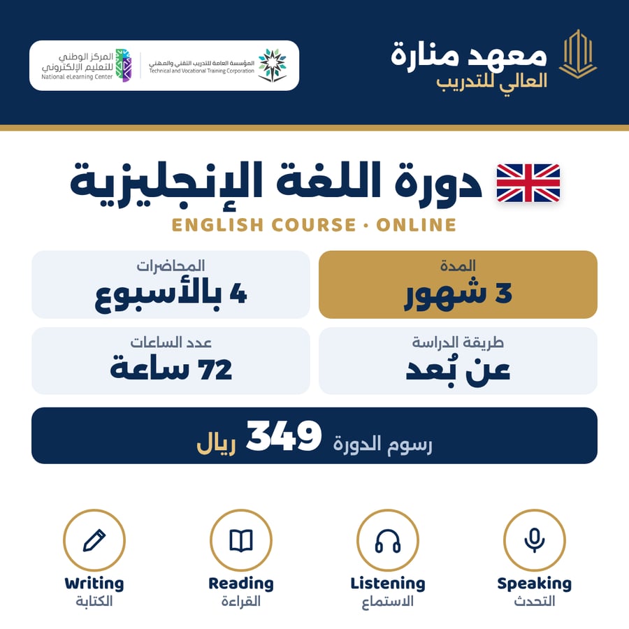 كورس لغة انجليزيه لمدة ثلاث أشهر