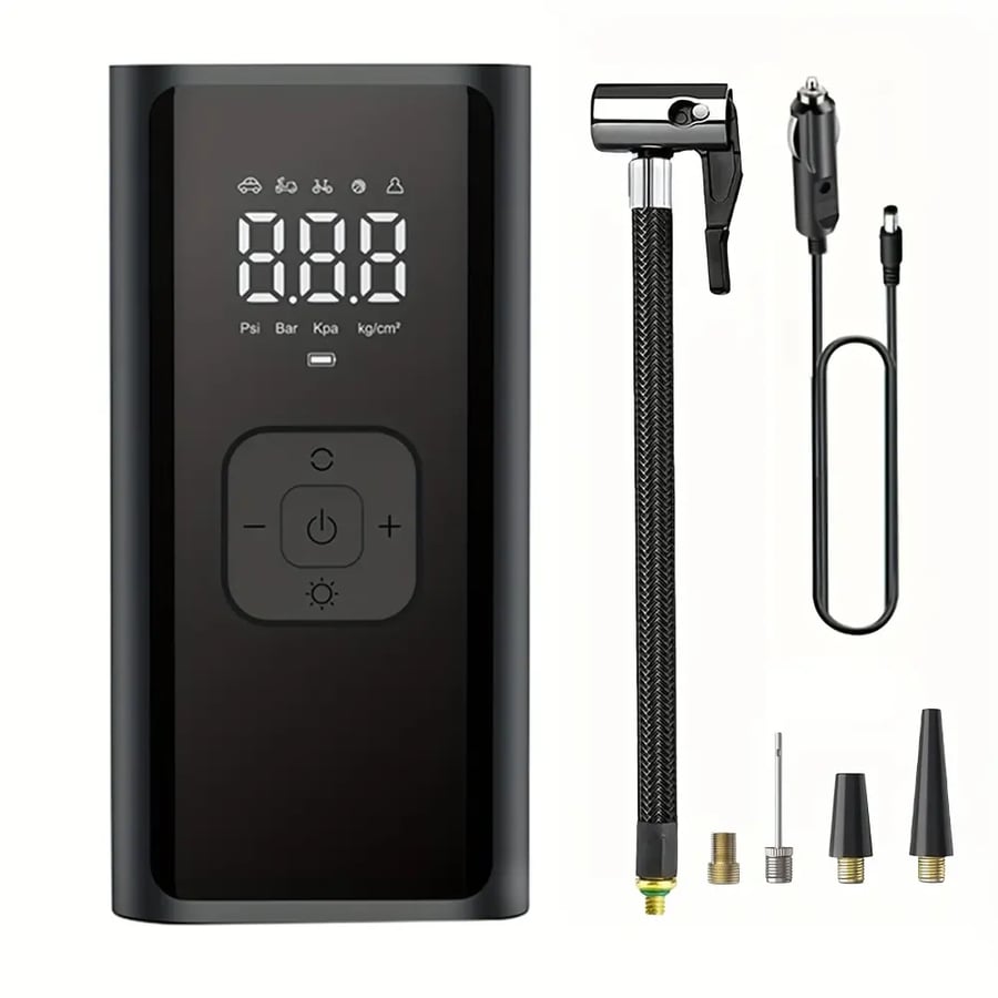 مضخة هواء محمولة للإطارات لاسلكية مع مقياس ضغط رقمي وإضاءة LED