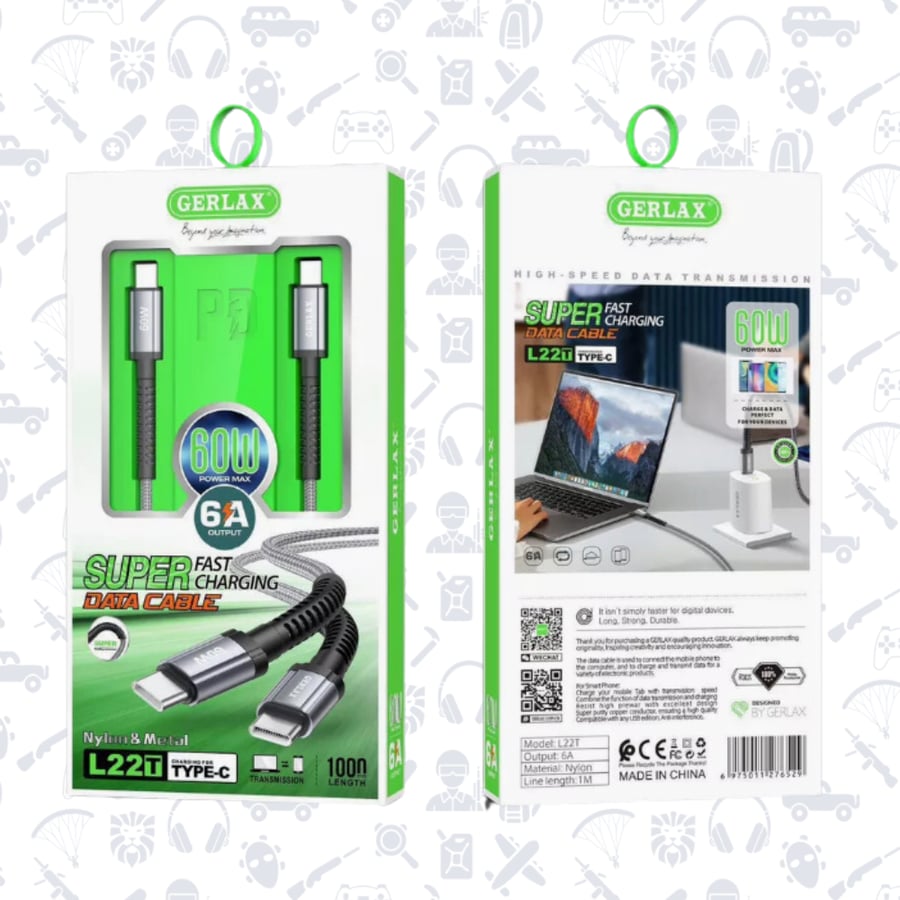كيبل سريع 60 واط  غيرلاكس تايب سي إلى تايب سي  (GERLAX T 60 WATT CABLE)