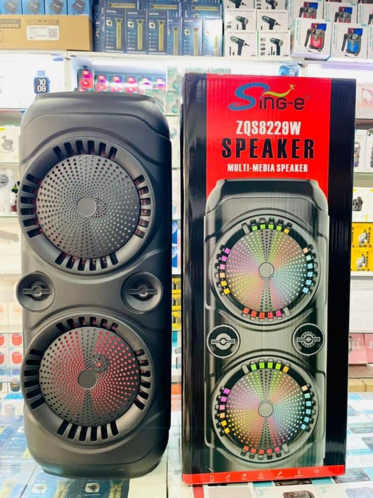 مكبر صوت بلوتوث محمول طراز ZQS8229W من Sing-E.  يتميز بمكبري صوت مزدوجين مقاس 8 بوصات