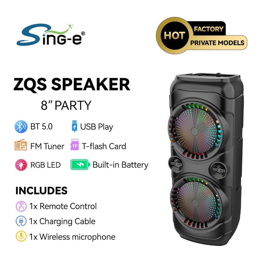 مكبر صوت بلوتوث محمول طراز ZQS8229W من Sing-E.  يتميز بمكبري صوت مزدوجين مقاس 8 بوصات