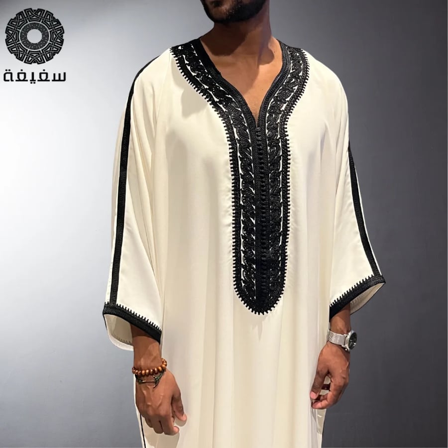 جلابية مغربية رجالي كريمي وتطريز أسود