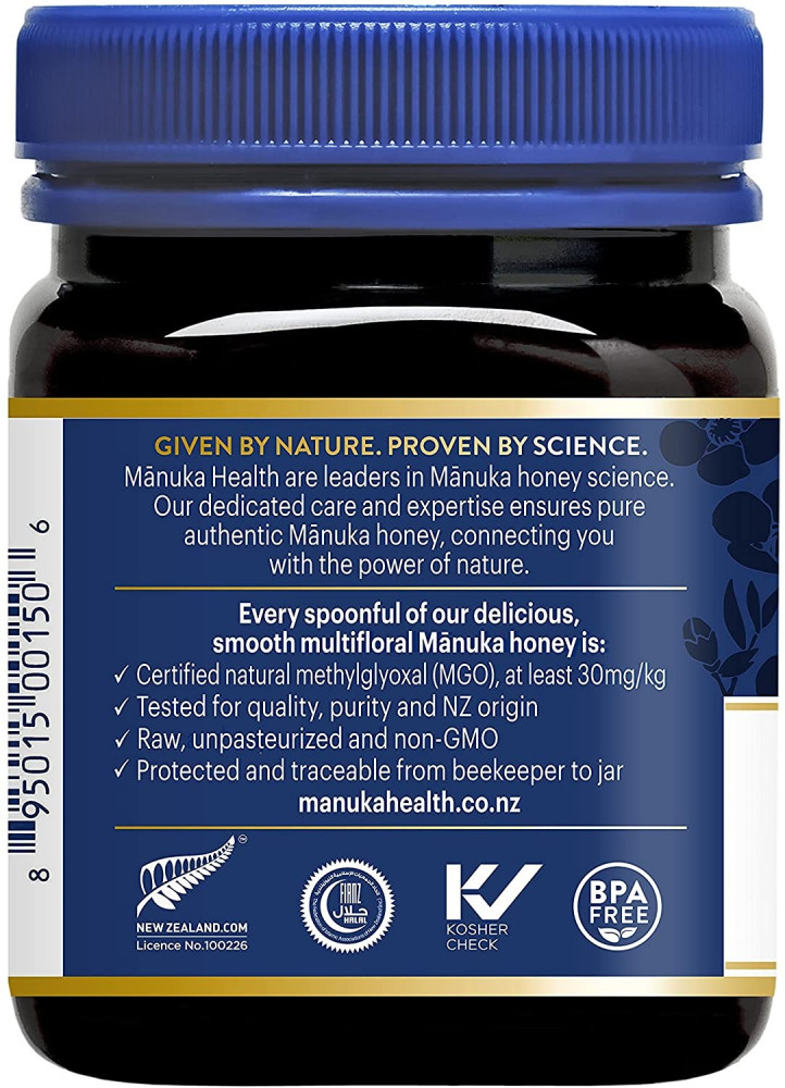 MGO 30+ Manuka Honey Blend weight 250 grams has a beautiful taste and full-bodied flavor and is guaranteed to contain at least 30 mg per kilogram of methylglyoxal, the compound responsible for the honey's unique antibacterial activity. MGO 30+ Manuka Hone