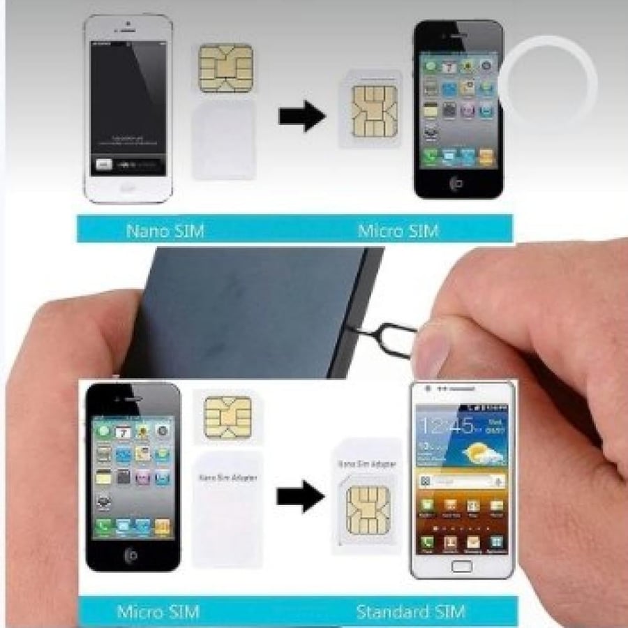 4-in-1 SIM card adapter tool set to convert nano SIM to micro SIM with eject pin for smartphones