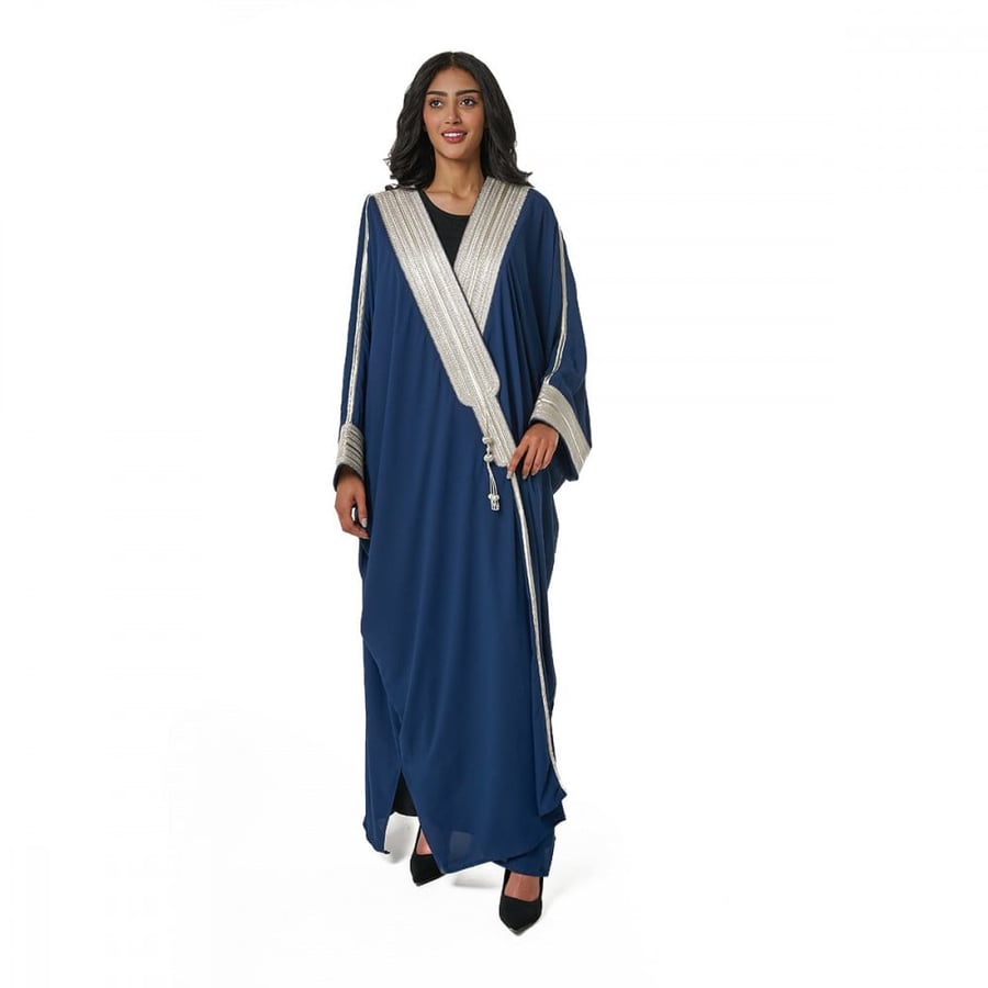 Special Royal Bisht Abaya, Navy-Silver