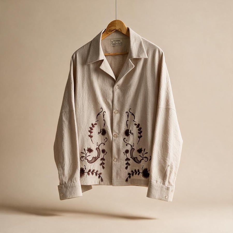 Linen Embroidery Long Sleevs - Bird / Brown